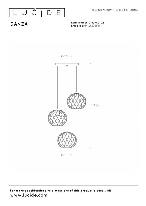 Lucide DANZA - Pendant light - Ø 50 cm - 3xE27 - Matt Gold / Brass - technical